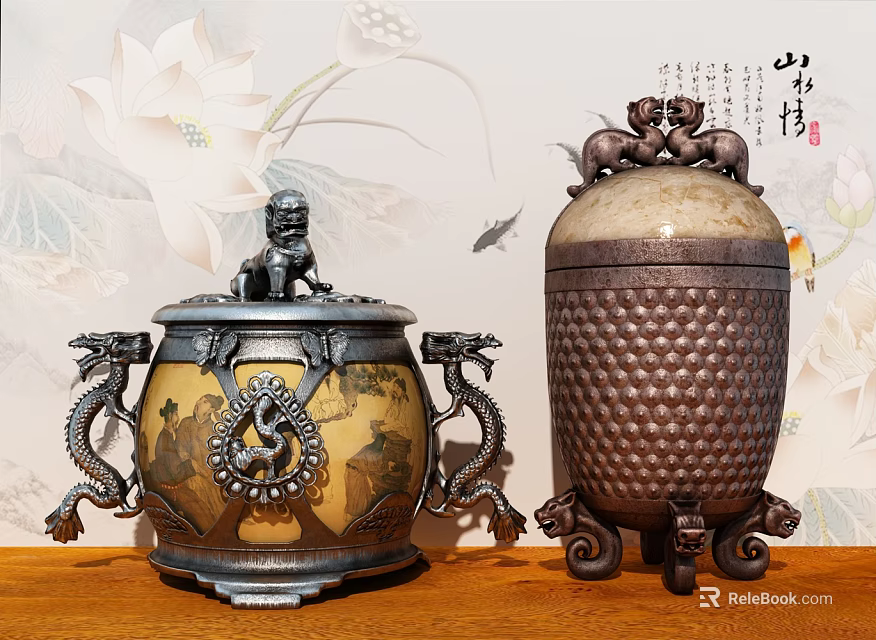 Traditional Chinese Decorative Ornament Set with Dragon Handles Lion Top Ornate Bases and Honeycomb Patterns 3d model 