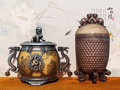 Traditional Chinese Decorative Ornament Set with Dragon Handles Lion Top Ornate Bases and Honeycomb Patterns 3d model