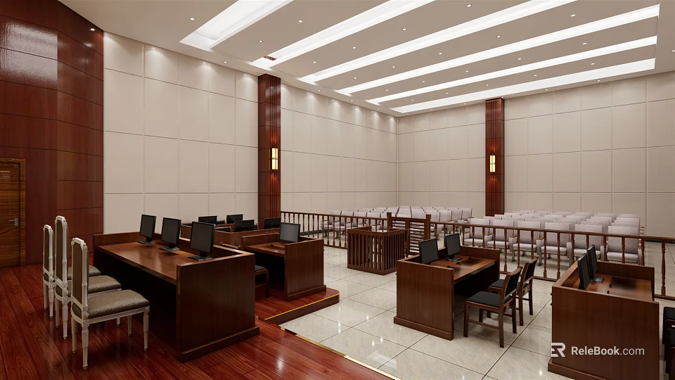 Spacious Formal Courtroom Interior With Wooden Desks Computers Spectator Seats And Bright Lighting 3d model 