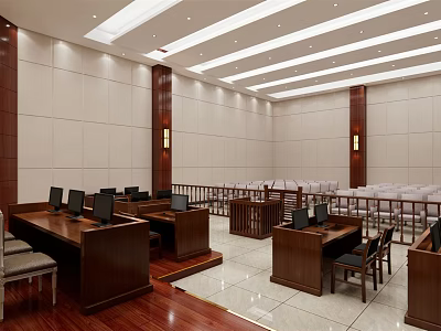 Spacious Formal Courtroom Interior With Wooden Desks Computers Spectator Seats And Bright Lighting 3d model