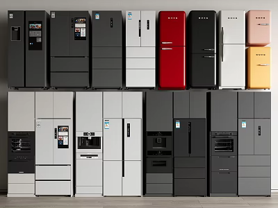 Modern Refrigerators and Freezers in Various Colors and Styles on 3d model