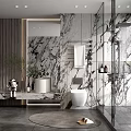 Modern Bathroom Interior With Marble Vanity Large Mirror Open Shower And Plants 3d model