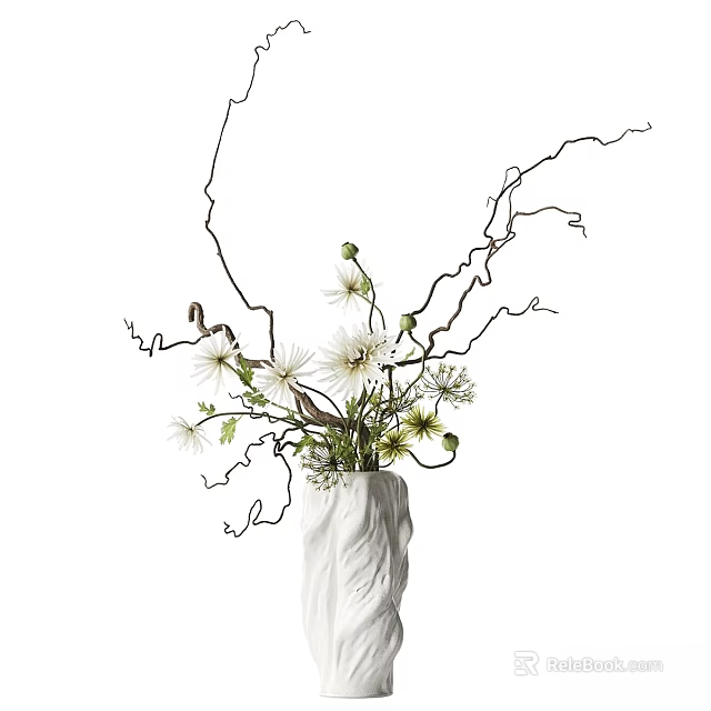 Decorative Ornament Set Featuring White Vase Curved Branches White Flowers And Green Buds 3d model 