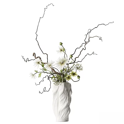 Decorative Ornament Set Featuring White Vase Curved Branches White Flowers And Green Buds 3d model