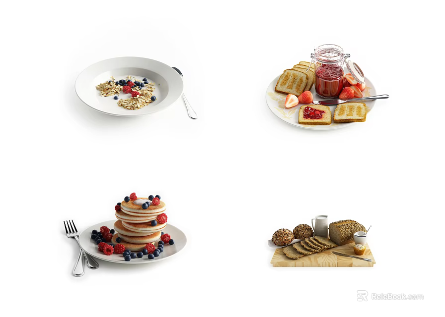 Delicious Breakfast Foods With Oatmeal Bowl Pancakes Toast Berries And Bread Rolls 3d model 