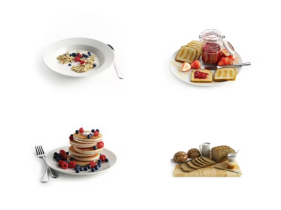 Delicious Breakfast Foods With Oatmeal Bowl Pancakes Toast Berries And Bread Rolls 3d model