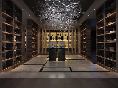 Interior Display Space With Wooden Bookshelves Decorative Chandelier And Marble Floor 3d model