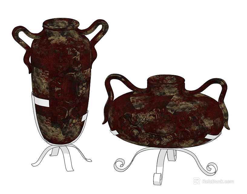 Vintage Decorative Ornament Set With Two Handled Vases On Metal Stands 3d model 