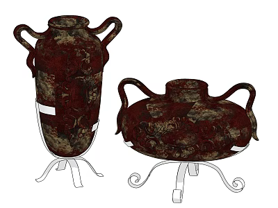 Vintage Decorative Ornament Set With Two Handled Vases On Metal Stands 3d model