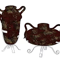 Vintage Decorative Ornament Set With Two Handled Vases On Metal Stands