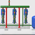 Industrial Water Pumping Equipment With Green Piping Blue Pumps Red Supports Blue Tank And Concrete Base