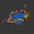 Fantasy Landscape With Blue Water Orange Green Plants And Curved Vines