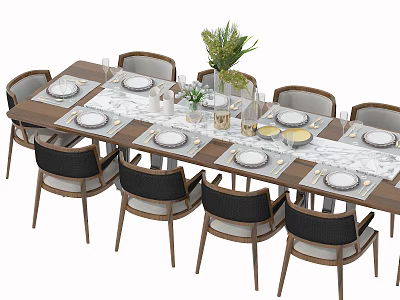 Modern Dining Table Set With Marble Tabletop Eight Wooden Chairs And Green Plant Decorations 3d model