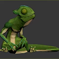 Green Chameleon 3D Character Model Sitting With Long Tail On Smooth Reflective Surface 3d model