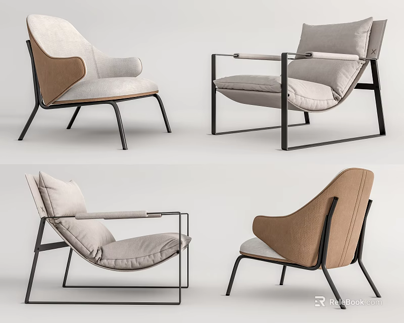 Modern Leisure Chair With Beige Brown Fabric And Black Metal Frame Design 3d model 