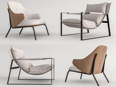 Modern Leisure Chair With Beige Brown Fabric And Black Metal Frame Design 3d model