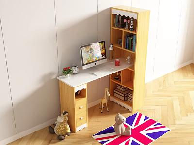 Wooden Work Desk With Computer Monitor Bookshelf Books Small Decor And Union Jack Rug 3d model