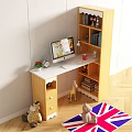 Wooden Work Desk With Computer Monitor Bookshelf Books Small Decor And Union Jack Rug