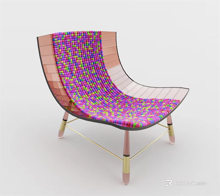 Modern Artistic Lounge Chair With Multicolored Woven Square Pattern And Metallic Gold Frame 3d model 