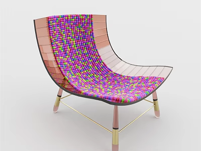 Modern Artistic Lounge Chair With Multicolored Woven Square Pattern And Metallic Gold Frame 3d model