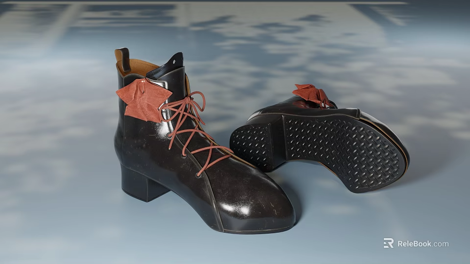 Black Leather Ankle Boots With Red Laces Chunky Heel And Non Slip Sole 3d model 