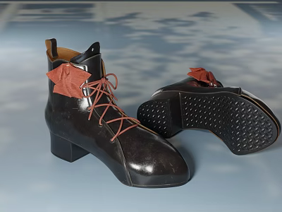 Black Leather Ankle Boots With Red Laces Chunky Heel And Non Slip Sole 3d model