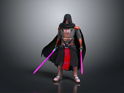 Sci Fi Warrior Character With Black Cloak Red Accents And Twin Pink Lightsabers 3d model