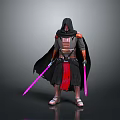 Sci Fi Warrior Character With Black Cloak Red Accents And Twin Pink Lightsabers