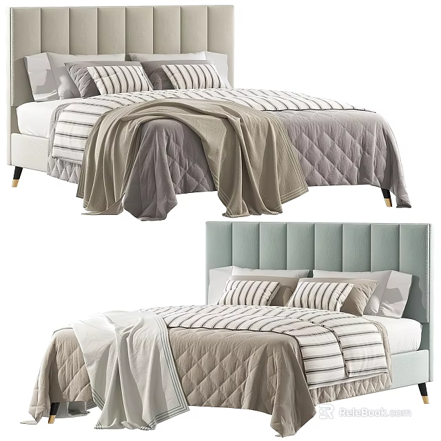 Modern Double Bed Interior With Upholstered Headboard And Light Colored Striped Bedding 3d model 