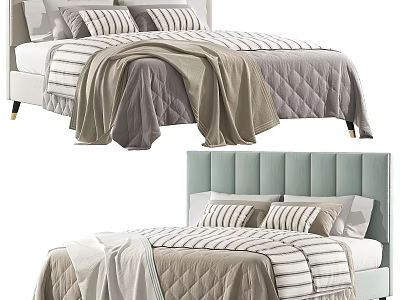 Modern Double Bed Interior With Upholstered Headboard And Light Colored Striped Bedding 3d model