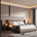 Modern Bedroom Interior Design With Upholstered Headboard Nightstand Lamp And Window Blinds