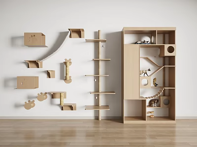 Wooden Wall Mounted Cat Furniture With Multi Level Tree Scratchers And Toys 3d model