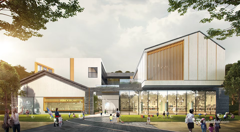 Modern School Building Exterior Design With Wooden Elements And Glass Curtain Walls 3d model 