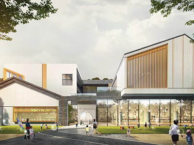 Modern School Building Exterior Design With Wooden Elements And Glass Curtain Walls 3d model