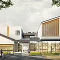 Modern School Building Exterior Design With Wooden Elements And Glass Curtain Walls