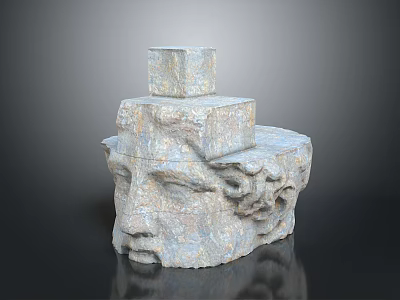 Granite Stone Head Sculpture With Carved Facial Features And Stacked Cube Top 3d model