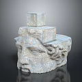 Granite Stone Head Sculpture With Carved Facial Features And Stacked Cube Top