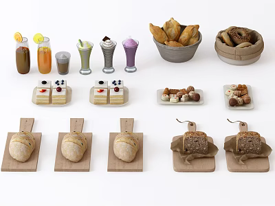 Assorted Homemade Breads Fresh Beverages And Desserts Displayed On Wooden Boards 3d model Assorted Homemade Breads Fresh Beverages And Desserts Displayed On Wooden Boards 3d model