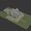 Detailed 3D Residential House Model With Gabled Roofs Green Lawn And Porch