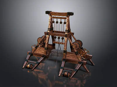 Wooden Medieval Catapult Device With Wheels And Complex Mechanical Structure 3d model