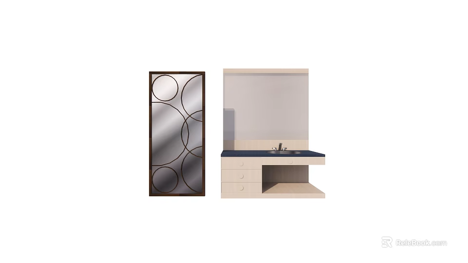 Decorative Mirror With Circular Pattern Frame And Bathroom Vanity Sink With Drawers 3d model 