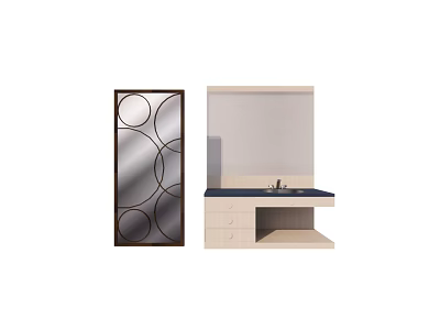 Decorative Mirror With Circular Pattern Frame And Bathroom Vanity Sink With Drawers 3d model