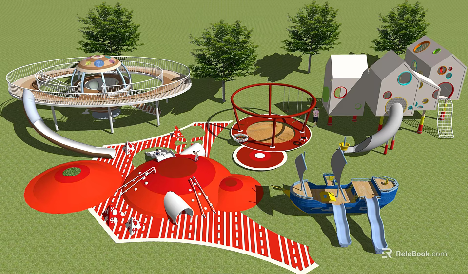 Colorful Playground Equipment With Slides Circular Swing Climbing Structure And Trees 3d model
