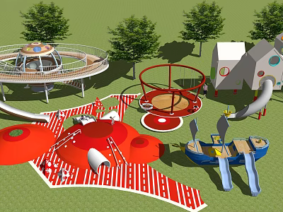 Colorful Playground Equipment With Slides Circular Swing Climbing Structure And Trees 3d model