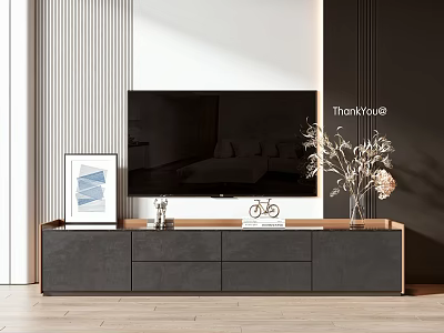 Modern Dark Gray TV Stand With Drawers And Decorative Items Like Vase Framed Artwork Small Decor 3d model