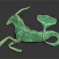 Green Bronze Goat Sculpture in Dynamic Jumping Pose with Detailed Horns and Tail