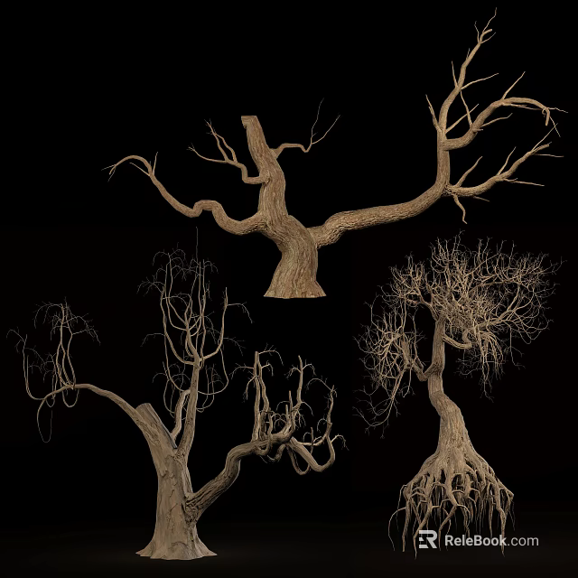 Dry Leafless Trees With Twisted Branches And Exposed Roots In Various Shapes 3d model 