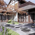 Karesansui Dry Landscape Garden with Traditional Japanese Architecture Rocks Gravel Stepping Stones and Trees