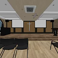 Sacred Religious Worship Hall Interior With Arched Stained Glass Windows And Wooden Floors