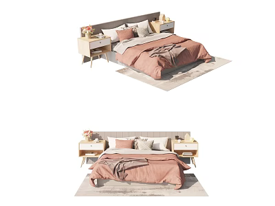 Modern Double Bed with Pink Comforter Light Colored Bedside Tables and Flower Decorations on Rug 3d model